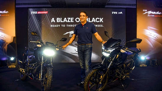 TVS Motor quarter results: Vimal Sumbly, Head Business - Premium, TVS Motor Company poses for photographs during the launch of the company's two new variants: TVS Apache RTR 160 4V and TVS Apache RTR 160, in Hyderabad.(PTI)