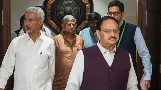 External Affairs Minister S. Jaishankar, Union Minister JP Nadda and others leave after an All-Party meeting about the ongoing developments in Bangladesh.(PTI)