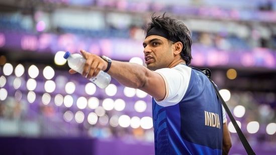 India's Neeraj Chopra during the Men's javelin throw qualification round at the 2024 Summer Olympics(PTI)