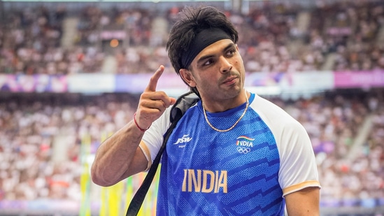 India's Neeraj Chopra during the Men's javelin throw qualification round at the 2024 Summer Olympics, in Paris(PTI)