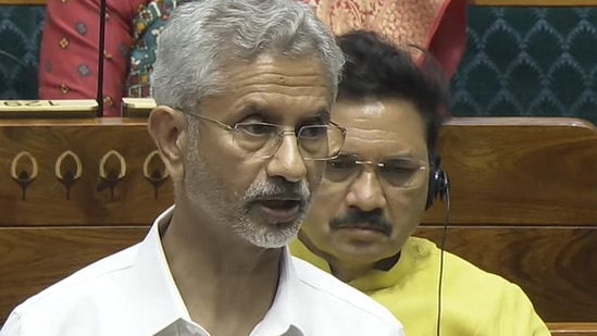 Union External Affairs Minister S. Jaishankar speaks in the Lok Sabha during the Monsoon session of Parliament, in New Delhi, Tuesday, Aug. 6, 2024. (PTI Photo)(PTI)