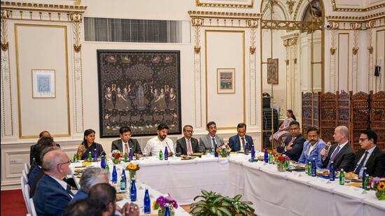 Telangana Chief Minister A. Revanth Reddy with business leaders during a roundtable organized by the Consulate General of India in New York. (PTI)