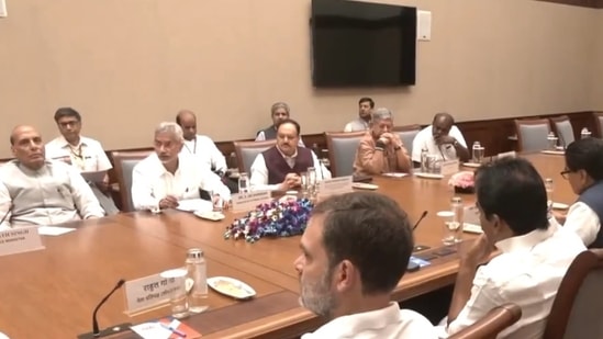 Union ministers Amit Shah (not in pic), Rajnath Singh, S Jaishankar, JP Nadda and Opposition leaders Rahul Gandhi and others attend an all-party meeting on the Bangladesh crisis on Tuesday.