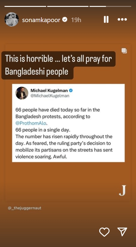 Sonam Kapoor reacted to the rising death toll in Bangladesh amid the violent protests.