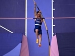 An overview shows France's Anthony Ammirati competing in the men's pole vault qualification of the athletics event at the Paris 2024 Olympic Games at Stade de France in Saint-Denis