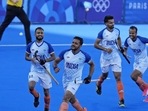 India's Harmanpreet Singh, third left, celebrates after scoring his side's first goal against Germany, on Tuesday. (AP) India's Harmanpreet Singh, third left, celebrates after scoring his side's first goal against Germany, on Tuesday. (AP)