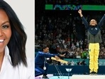 Michelle Obama backed Simone Biles nad Jordan Chiles after criticism for bowing down to Brazillian gymnast.(@MichelleObama/X,Photo by Gabriel BOUYS / AFP)) Michelle Obama backed Simone Biles nad Jordan Chiles after criticism for bowing down to Brazillian gymnast.(@MichelleObama/X,Photo by Gabriel BOUYS / AFP))