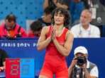 India's Vinesh Phogat celebrates after winning her Women's Freestyle 50kg semi-final wrestling match against Cuba's Yusneylys Guzman Lopez at the 2024 Summer Olympics India's Vinesh Phogat celebrates after winning her Women's Freestyle 50kg semi-final wrestling match against Cuba's Yusneylys Guzman Lopez at the 2024 Summer Olympics