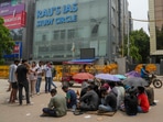New Delhi: Students stage a protest after three civil services aspirants died due to drowning at a coaching centre in Old Rajinder Nagar area, in New Delhi, Wednesday, July 31, 2024.(PTI)