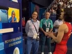 Vinesh Phogat during a video call with her mother after winning semifinal bout Vinesh Phogat during a video call with her mother after winning semifinal bout