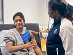 Indian Olympics Association (IOA) President PT Usha meets wrestler Vinesh Phogat after the latter was hospitalised following her disqualification from the Paris Olympics as she was found overweight ahead of her women's 50kg final match, in Paris, France, Wednesday, Aug. 7, 2024.(PTI) Indian Olympics Association (IOA) President PT Usha meets wrestler Vinesh Phogat after the latter was hospitalised following her disqualification from the Paris Olympics as she was found overweight ahead of her women's 50kg final match, in Paris, France, Wednesday, Aug. 7, 2024.(PTI)