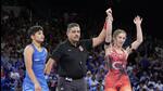 India's Antim Panghal in the round of 16 of the women's freestyle 53kg wrestling match at the Paris Olympics on Wednesday. (AP) India's Antim Panghal in the round of 16 of the women's freestyle 53kg wrestling match at the Paris Olympics on Wednesday. (AP)