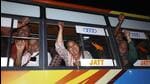 Pilgrims shout religious slogans as they leave for Poonch in the first batch of Budha Amarnath Yatra. (PTI) Pilgrims shout religious slogans as they leave for Poonch in the first batch of Budha Amarnath Yatra. (PTI)