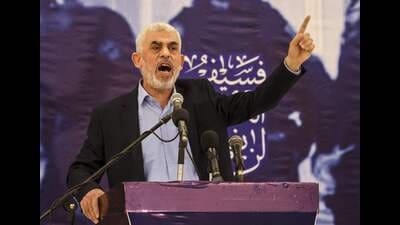 (FILES) Head of the political wing of the Palestinian Hamas movement in the Gaza Strip Yahya Sinwar speaks during a meeting in Gaza City on April 30, 2022. (Photo by Mahmud HAMS / AFP) (AFP) (FILES) Head of the political wing of the Palestinian Hamas movement in the Gaza Strip Yahya Sinwar speaks during a meeting in Gaza City on April 30, 2022. (Photo by Mahmud HAMS / AFP) (AFP)
