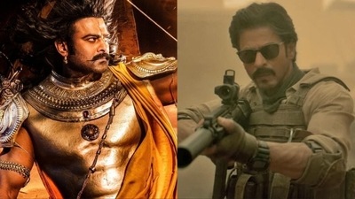 Prabhas in a still from Kalki 2898 AD and Shah Rukh Khan in a scene from Jawan. Prabhas in a still from Kalki 2898 AD and Shah Rukh Khan in a scene from Jawan.