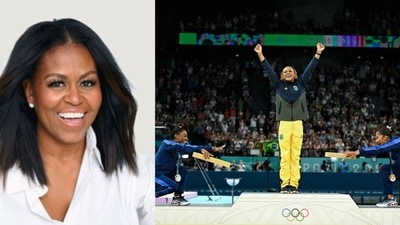Michelle Obama backed Simone Biles nad Jordan Chiles after criticism for bowing down to Brazillian gymnast. (@MichelleObama/X,Photo by Gabriel BOUYS / AFP)) Michelle Obama backed Simone Biles nad Jordan Chiles after criticism for bowing down to Brazillian gymnast. (@MichelleObama/X,Photo by Gabriel BOUYS / AFP))