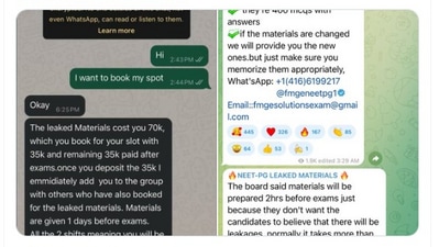 NEET PG 2024: The user shared multiple screenshots of conversations of group chats and also individuals allegedly fixing a price to ‘book slots’. (Pic courtesy: screenshot/twitter.com/DrDhruvchauhan) NEET PG 2024: The user shared multiple screenshots of conversations of group chats and also individuals allegedly fixing a price to ‘book slots’. (Pic courtesy: screenshot/twitter.com/DrDhruvchauhan)