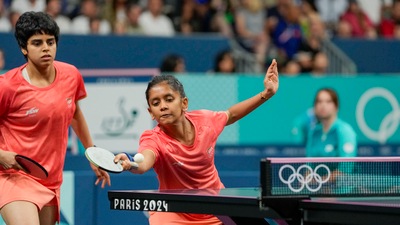 Sreeja Akula (R) and Archana Girish Kamath of India play against Yuan Wan and Shan Xiaona of Germany in the Women's Team Quarterfinal match (PTI) Sreeja Akula (R) and Archana Girish Kamath of India play against Yuan Wan and Shan Xiaona of Germany in the Women's Team Quarterfinal match (PTI)