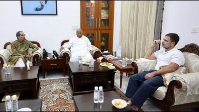 Shiv Sena (UBT) chief Uddhav Thackeray, who is in Delhi on a three-day trip, held a meeting on Wednesday evening with Congress president Mallikarjun Kharge, leader of opposition in the Lok Sabha Rahul Gandhi and others. (Hindustan Times) Shiv Sena (UBT) chief Uddhav Thackeray, who is in Delhi on a three-day trip, held a meeting on Wednesday evening with Congress president Mallikarjun Kharge, leader of opposition in the Lok Sabha Rahul Gandhi and others. (Hindustan Times)
