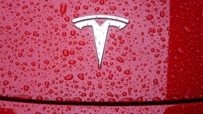 A Tesla logo is pictured on a car in the rain in the Manhattan borough of New York City. (Reuters)