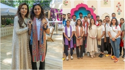 Nita Ambani honoured the Indian contingent at India House in Paris. She wore a beige embroidered suit set for the event. The ensemble features a floral embroidered kurta jacket paired with a matching long kurta and pants.&nbsp; (Instagram)