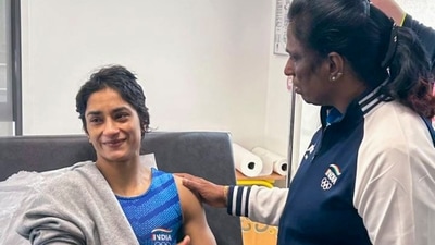 Indian Olympics Association (IOA) President PT Usha meets wrestler Vinesh Phogat after the latter was hospitalised following her disqualification from the Paris Olympics as she was found overweight ahead of her women's 50kg final match, in Paris, France, Wednesday, Aug. 7, 2024. (PTI) Indian Olympics Association (IOA) President PT Usha meets wrestler Vinesh Phogat after the latter was hospitalised following her disqualification from the Paris Olympics as she was found overweight ahead of her women's 50kg final match, in Paris, France, Wednesday, Aug. 7, 2024. (PTI)