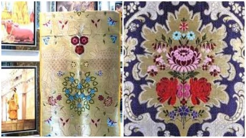 Gyasar sarees, often featuring rich brocades with Buddhist motifs, are exquisite textiles traditionally crafted in Varanasi. (Pinterest) Gyasar sarees, often featuring rich brocades with Buddhist motifs, are exquisite textiles traditionally crafted in Varanasi. (Pinterest)