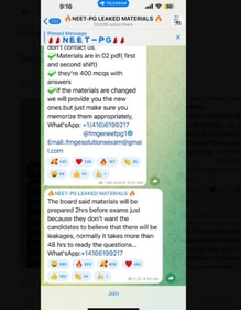 Conversations seem to be active on a group named ‘NEET-PG LEAKED MATERIALS’ with over 20,600 subscribers. (Pic courtesy: screenshot/twitter.com/DrDhruvchauhan) Conversations seem to be active on a group named ‘NEET-PG LEAKED MATERIALS’ with over 20,600 subscribers. (Pic courtesy: screenshot/twitter.com/DrDhruvchauhan)