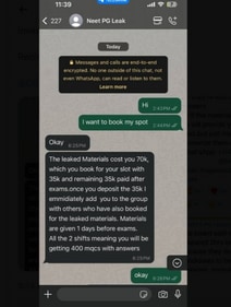 In this screenshot shared by Dr Dhruv Chauhan on X, , a person can be seen stating that the leaked material would cost ₹75,000, and asked the enquirer to deposit ₹35,000 first, following which he will be added to the group chat. (Pic courtesy: screenshot/twitter.com/DrDhruvchauhan) In this screenshot shared by Dr Dhruv Chauhan on X, , a person can be seen stating that the leaked material would cost ₹75,000, and asked the enquirer to deposit ₹35,000 first, following which he will be added to the group chat. (Pic courtesy: screenshot/twitter.com/DrDhruvchauhan)