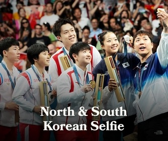 Athletes from North Korea and South Korea took a selfie together Athletes from North Korea and South Korea took a selfie together