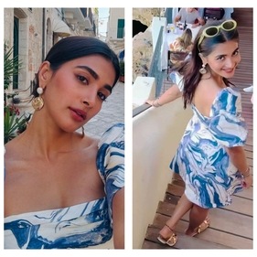 Pooja Hegde in a puff-sleeved dress (Photos: Instagram) Pooja Hegde in a puff-sleeved dress (Photos: Instagram)