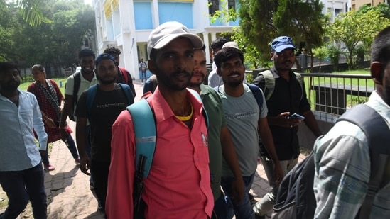Candidates leave exam hall after appearing for the Bihar Police Constable Exam in Patna.(Santosh Kumar)