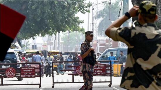 Border Security Force (BSF) personnel stand guard at the India-Bangladesh border of Petrapole (PTI Photo)