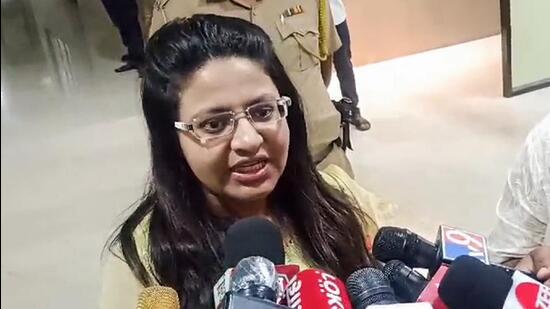 Former IAS trainee Puja Khedkar interacting with media persons in Maharashtra last month. (ANI Photo)