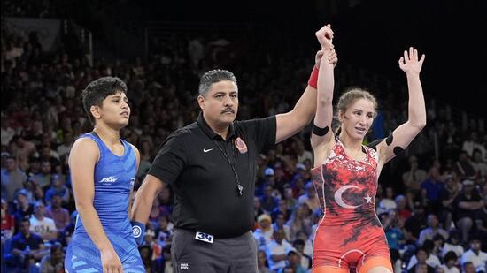 India's Antim Panghal in the round of 16 of the women's freestyle 53kg wrestling match at the Paris Olympics on Wednesday. (AP)