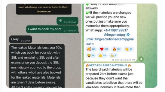 NEET PG 2024: The user shared multiple screenshots of conversations of group chats and also individuals allegedly fixing a price to ‘book slots’. (Pic courtesy: screenshot/twitter.com/DrDhruvchauhan)