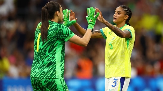 Tarciane of Brazil and Lorena of Brazil celebrate after Gabi Portilho of Brazil scores their second goal(REUTERS)