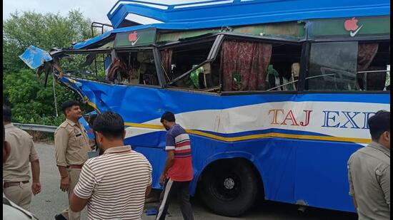 One of the buses involved int he accident on Tuesday. (HT Photo)