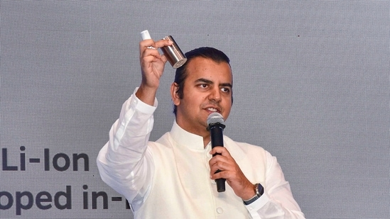 Ola Electric IPO allotment: Ola Electric CMD Bhavish Aggarwal addresses the media during the announcement of the company's forthcoming initial public offering (IPO), in Mumbai.(PTI)