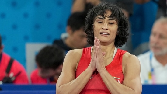 Paris: India's Vinesh Phogat celebrates after winning her Women's Freestyle 50kg semi-final wrestling match against Cuba's Yusneylys Guzman Lopez(PTI)