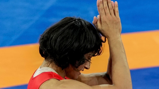 Vinesh Phogat celebrates after winning her Women's Freestyle 50kg semi-final wrestling match against Cuba's Yusneylys Guzman Lopez at the 2024 Summer Olympics, in Paris,(PTI)