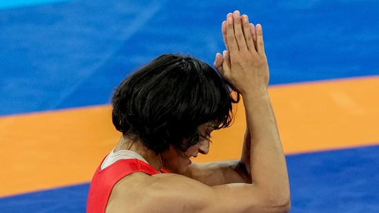 In this Tuesday, Aug. 6, 2024 file image, India's Vinesh Phogat celebrates after winning her Women's Freestyle 50kg semi-final wrestling match against Cuba's Yusneylys Guzman Lopez at the 2024 Summer Olympics, in Paris(PTI)