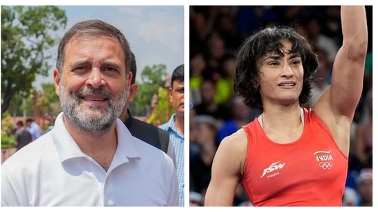 Leader of Opposition in the Lok Sabha Rahul Gandhi and wrestler Vinesh Phogat . (PTI/AP)