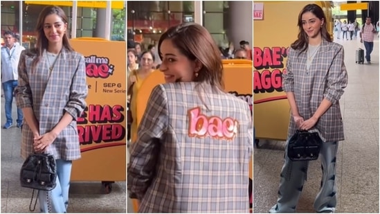 Ananya Panday promoted her upcoming series Call Me Bae at the Mumbai airport. The actor wore an outfit inspired by the show. She chose a check oversized blazer embroidered with 'Bae', a grey top, and baggy denim jeans. (Instagram)