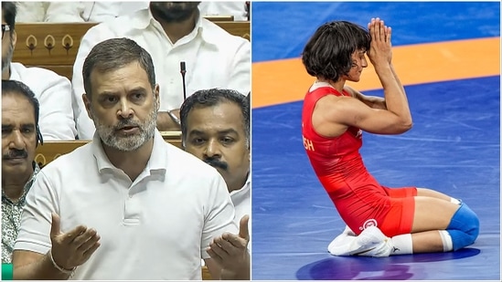 Congress MP and Leader of Opposition in Lok Sabha Rahul Gandhi reacted to the disqualification of Vinesh Phogat from Paris Olympics.(PTI)