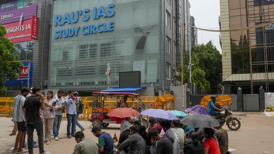 New Delhi: Students stage a protest after three civil services aspirants died due to drowning at a coaching centre in Old Rajinder Nagar area, in New Delhi, Wednesday, July 31, 2024.(PTI)