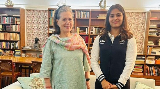 Congress parliamentary party chairperson Sonia Gandhi meets Paris Olympics double medallist Manu Bhaker.