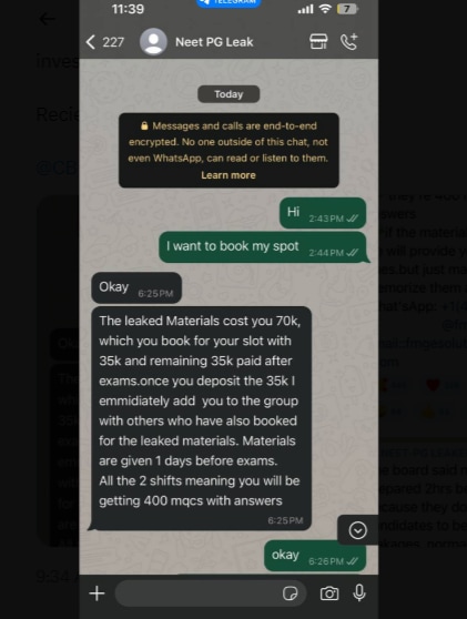 In this screenshot shared by Dr Dhruv Chauhan on X, , a person can be seen stating that the leaked material would cost ₹75,000, and asked the enquirer to deposit ₹35,000 first, following which he will be added to the group chat. (Pic courtesy: screenshot/twitter.com/DrDhruvchauhan)