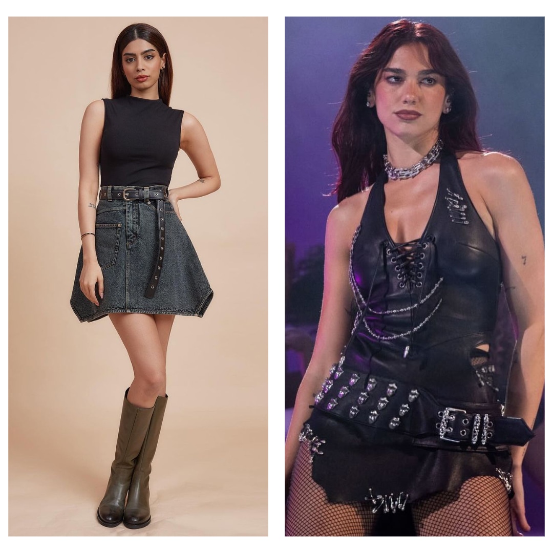 Khushi Kapoor and Dua Lipa opt for studded black belts to elevate their all-black outfits(Photos: Instagram)