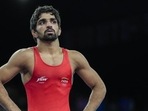 India's Aman Sehrawat during his men's freestyle 57kg wrestling quarterfinal win over Albania's Zelimkhan Abakarov at the Paris Olympics on Thursday